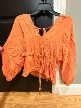 Lightweight Orange Peasant Blouse with Tie Waist